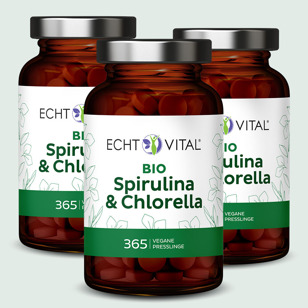 Bio Spirulina und Chlorella - 3 Gläser mit je 365 Presslingen